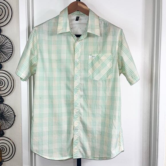 RVCA Mens Button Up Shirt - Green Yellow White Plaid, Size L - Picture 8 of 8